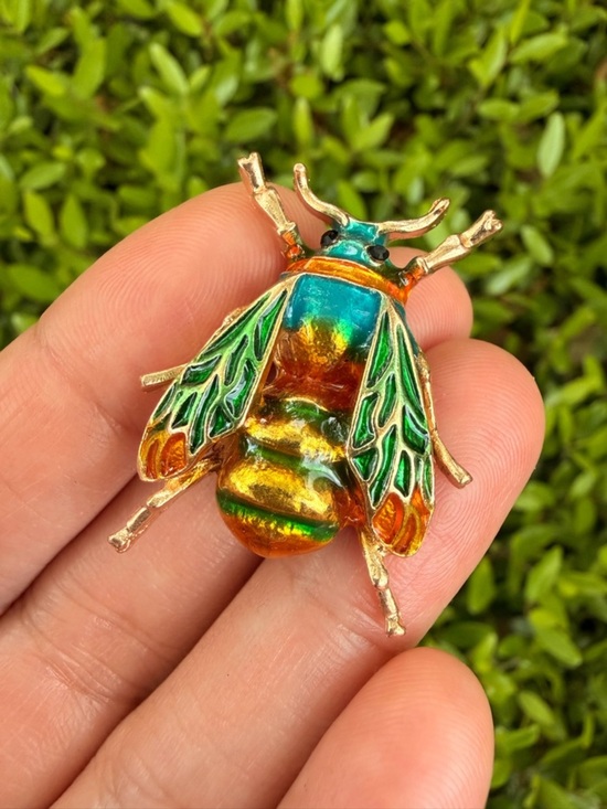 Jewelry - Colorful Beetle Enamel Brooch - Green, Teal, Amber